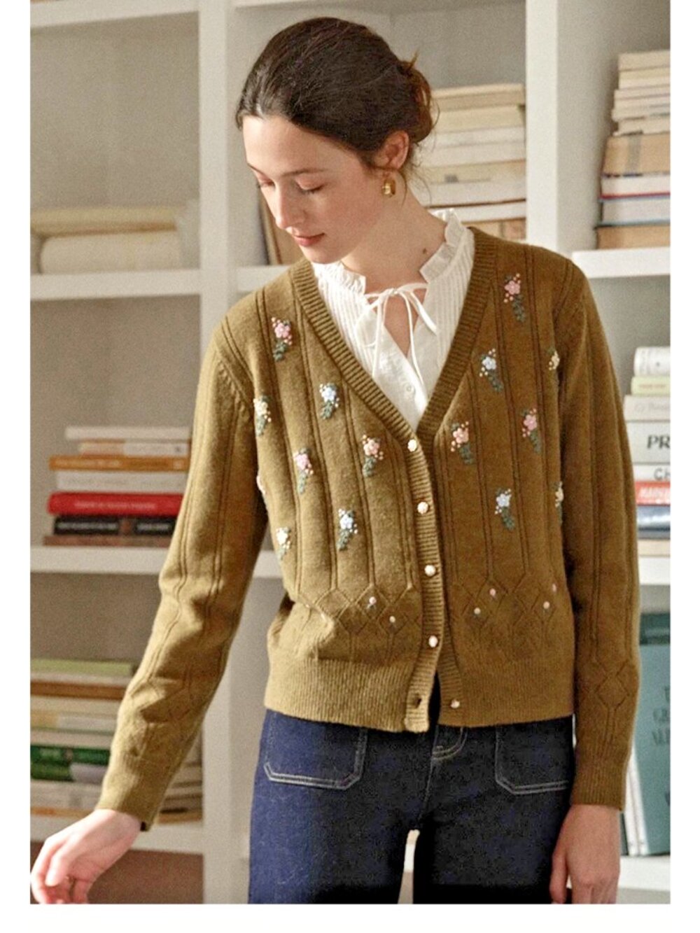 Simple Retro Womens L Olive Floral Embroidered Cardigan Sweater Cottagecore - Picture 2 of 11